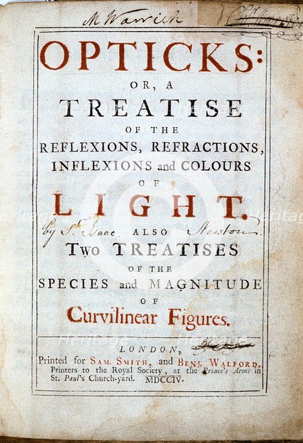 Title page of Opticks by English scientist and mathematician Isaac Newton, 1794. Artist: Unknown