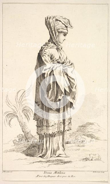 Dona Mitilena, from Recueil de diverses fig.res étrangeres Inventées par F. Bouche..., 18th century. Creator: Simon François Ravenet.