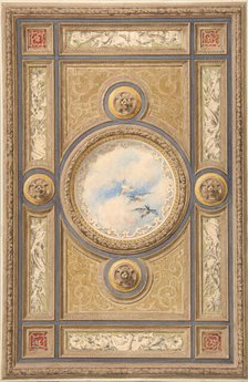 Design for a carved and painted ceiling with clouds and ducks in the central circular panel, 1830-97 Creators: Jules-Edmond-Charles Lachaise, Eugène-Pierre Gourdet.