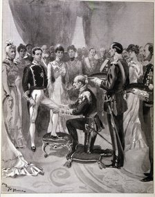 Receiving the Order of the Garter from the hands of the Duke of Connaught', Alfonso XIII, King of…