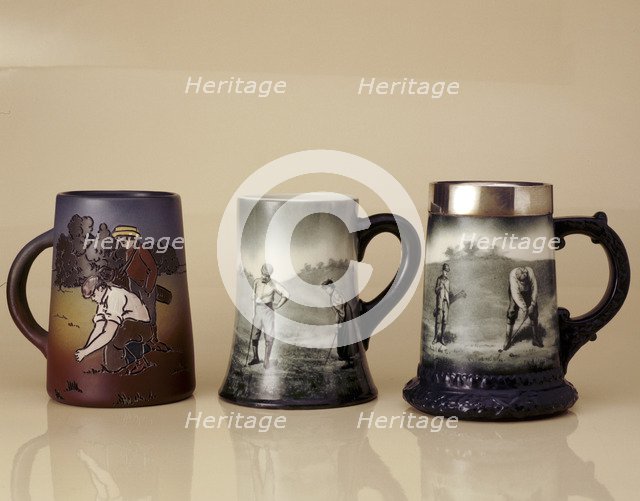 Beer mugs with a golfing theme, American, c1890-1906. Artist: Ceramic Art Company