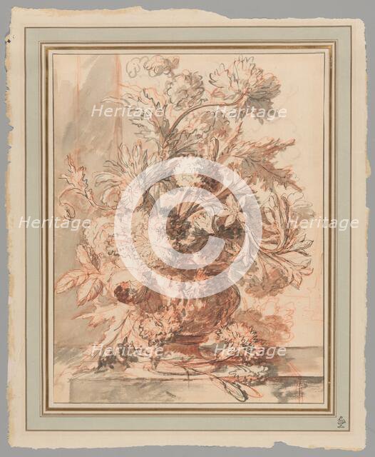 Flowers in an Urn Decorated with Putti, on a Plinth, early 18th century. Creator: Jan van Huysum.