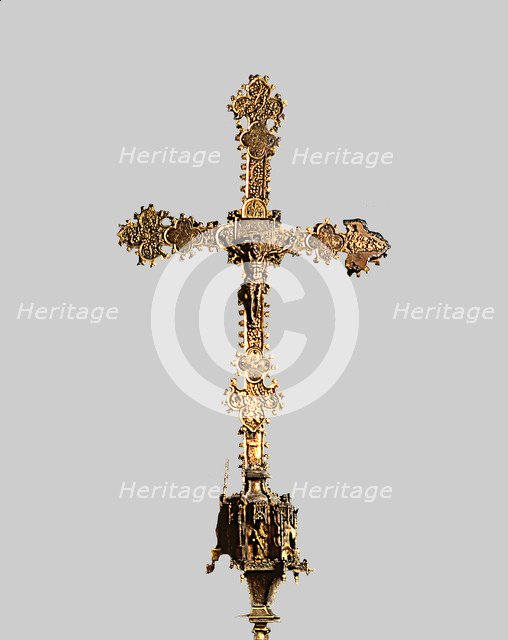 Processional cross, front, made of gilded silver, wood and glazed plates, from the Church of Sant…