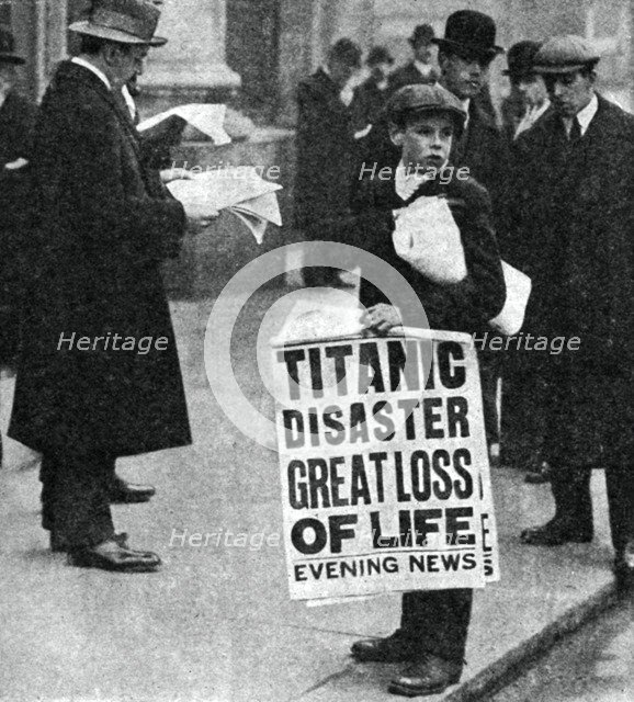 Newspaper boy with news of the Titanic disaster, 14 April 1912. Artist: Unknown