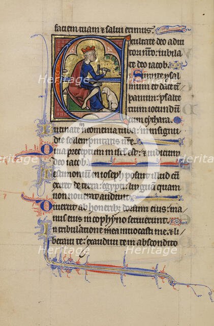 Initial E: David Playing the Bells; Wenceslaus Psalter, about 1250-1260. Creator: Unknown.