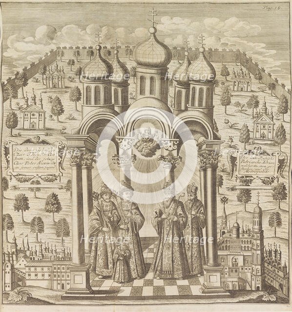 Feodor III, Peter I, Ivan V and Patriarch Adrian I. From "Das veraenderte Russland"..., 1721. Creator: Weber, Friedrich Christian (?-1739).