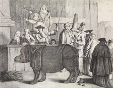 The Rhinoceros, Clara, in the foreground, her keeper holding her horn and a whip..., after ca. 1751. Creator: Alessandro Longhi.