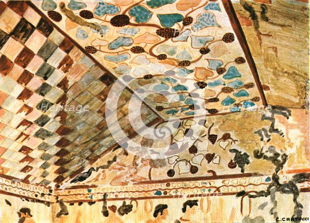 Mural painting in the Tomb with the Banquet (Tomba del Triclinio), Tarquinia, Italy, (1928).  Creator: Unknown.