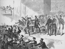 'William Lloyd Garrison trying to hold a John Brown anniversary meeting in Tremont Temple, Boston',  Artist: Unknown.