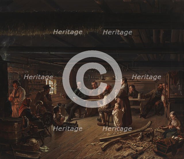 Pentti Lyytinen Recites Poems in a Cottage in Savo, 1848. Creator: Robert Wilhelm Ekman.