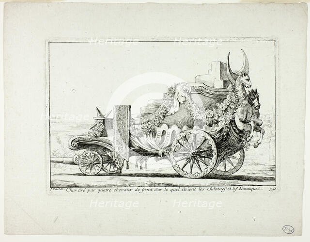 Char tiré par quatre chevaux de front, Sur lequel étaient les Sultanes et les Eunuques, pl..., 1748. Creator: Joseph-Marie Vien the Elder.