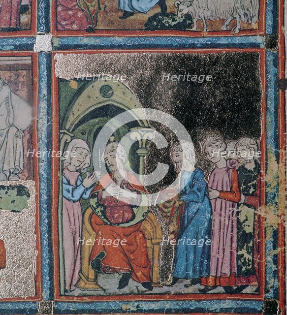 Joseph's brothers showing their father his bloodstained coat, 14th century. Artist: Unknown