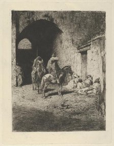 Guards on horseback at the entrance to the Kasbah in Tetuan, figures sitting on the gro, ca. 1873. Creator: Mariano Jose Maria Bernardo Fortuny y Carbo.