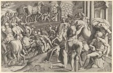 The Trojans hauling the wooden horse into Troy, 1545. Creator: Giulio Bonasone.