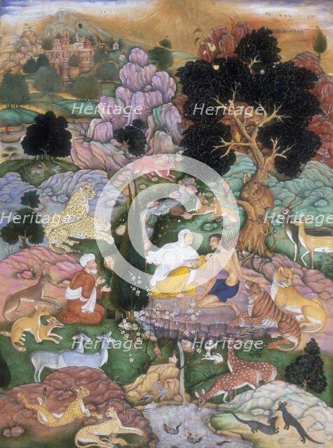 Majnun visited in the desert by his mother and Salim, 1595. Creator: Sanwlah.