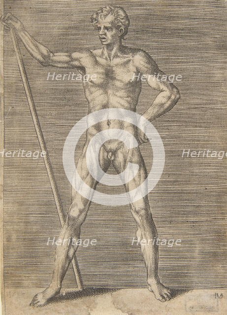 Flayed man seen from in front, holding a stick, ca. 1531-76. Creator: Giulio Bonasone.