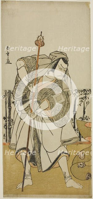 The Actor Ichikawa Danjuro V as Taira no Masakado Disguised as the Pilgrim Junjo in the..., c. 1777. Creator: Shunsho.