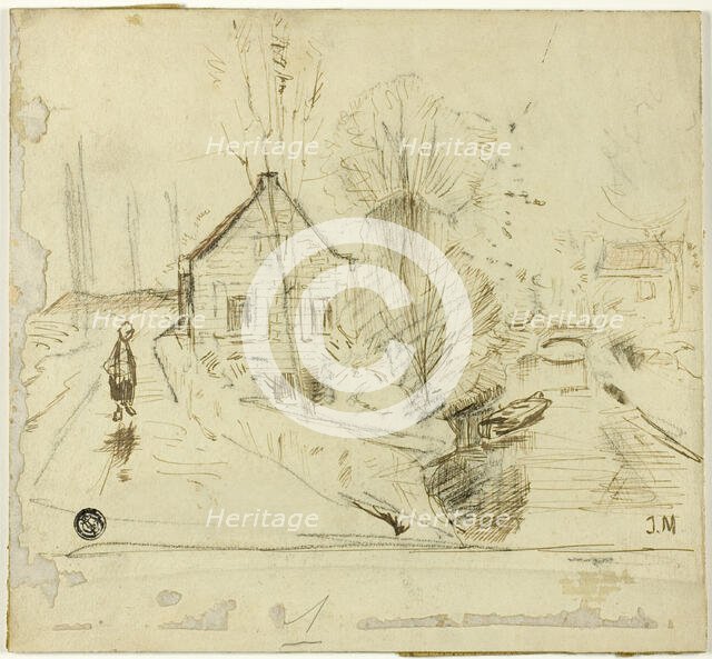 Figure on Road by House and Canal, n.d. Creator: Unknown.