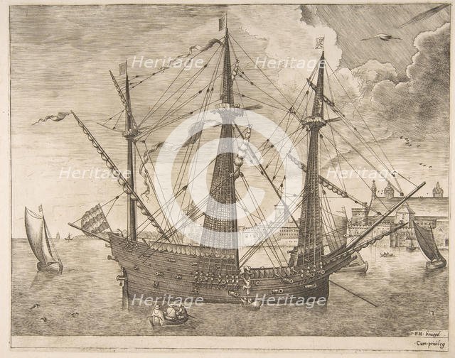 Armed Three-Master Anchored Near a City from The Sailing Vessels, ca. 1555-56. Creator: Frans Huys.