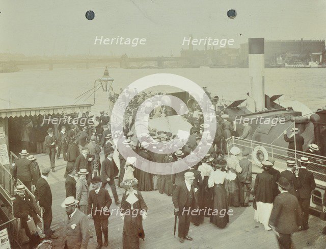Passengers boarding the London Steamboat Service, River Thames, London, 1905. Artist: Unknown.