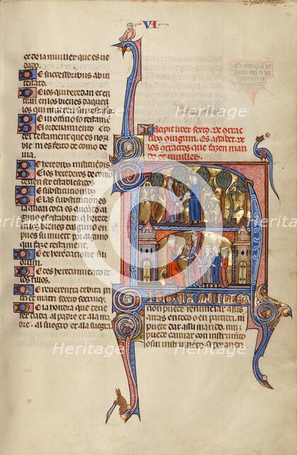 Initial N: A Man Emptying a Money Purse into a Woman's Mantle and A Woman..., about 1290-1310. Creator: Unknown.