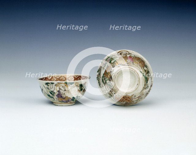Pair of Satsuma bowls with luohans in landscape, Japan, early 20th century. Artist: Unknown