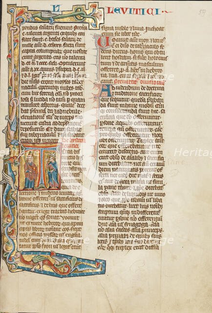 Initial T: Aaron and an Israelite; Historia Scholastica, about 1300. Creator: Unknown.