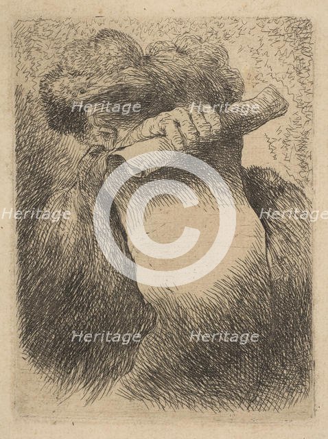 Man holding a scroll in front of his face, from the series of 'Small Heads in Orien..., ca. 1645-50. Creator: Giovanni Benedetto Castiglione.