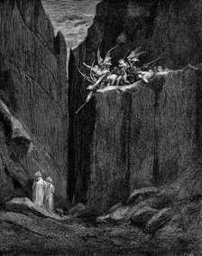 Dante protected by Virgil from harm by demons, 1863. Artist: Gustave Doré