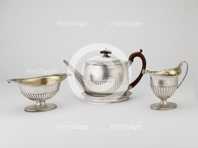 Teapot and Stand and jug, 1795; Sugar Bowl, 1794. Artist: Michael Plummer.