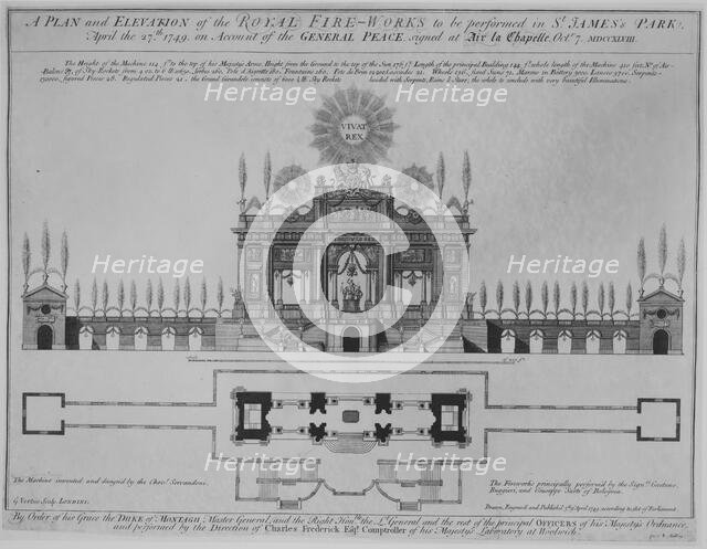 Peace of Aix-la-Chapelle: A Plan and Elevation of the Royal Fire-Works, London, 1749, ..., ca. 1749. Creator: George Vertue.