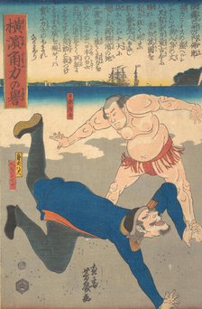 Sumo Wrestler Tossing a Foreigner, 1st month, 1861. Creator: Utagawa Yoshiiku.
