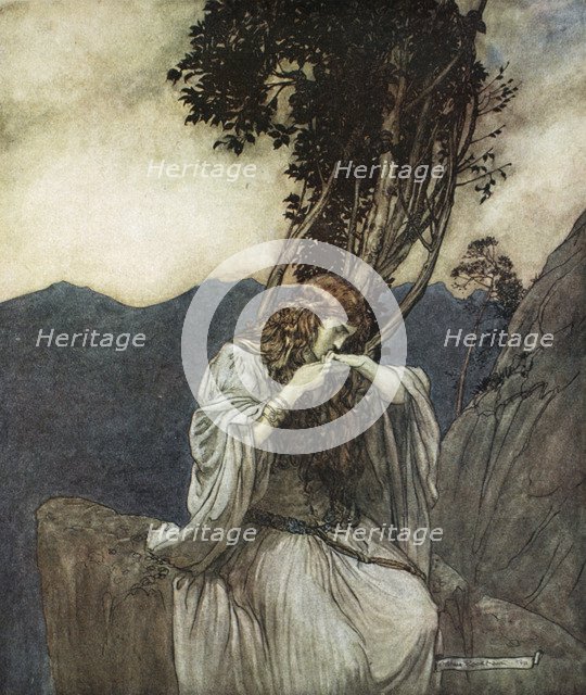 'Brunnhilde kisses the ring that Siegfried has left with her', 1924.  Artist: Arthur Rackham