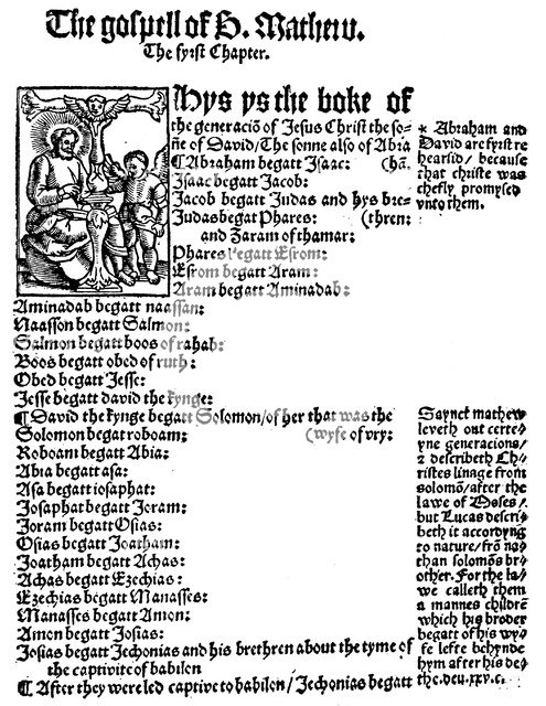 First page of St Matthew's Gospel from William Tyndale's English New Testament, 1525. Artist: Unknown