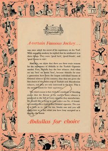 'A certain Famous Jockey Abdullas for choice', 1939. Artist: Unknown.