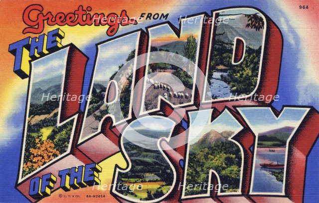 'Greetings from the Land of the Sky', postcard, 1936. Artist: Unknown