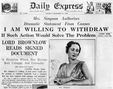 Mrs Simpson offers to 'withdraw', 8 December 1936. Artist: Unknown