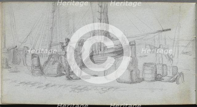 Sketchbook, page 50: Boats, Figures, Cargo on a Beach. Creator: Ernest Meissonier (French, 1815-1891).