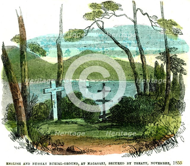 'English and Russian burial-ground, at Nagasaki, secured by treaty, November 1855', (1856). Artist: Unknown