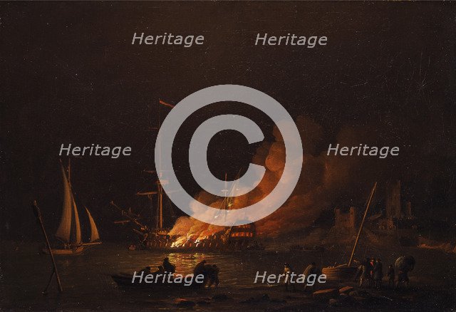 Ship on fire at night, ca 1756. Artist: Brooking, Charles (1723-1759)