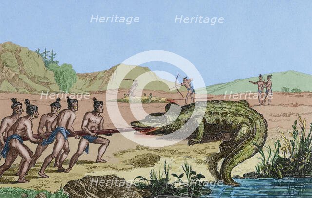 Crocodile hunting, Florida, 16th century French expedition, (1837), (1850).   Creator: Claude-Francois Fortier.