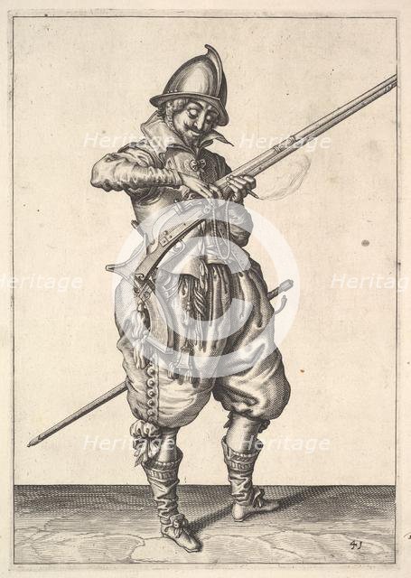 A soldier on guard shaping the match between his thumb and his forefinger, from the Marksmen s.... Creator: Unknown.