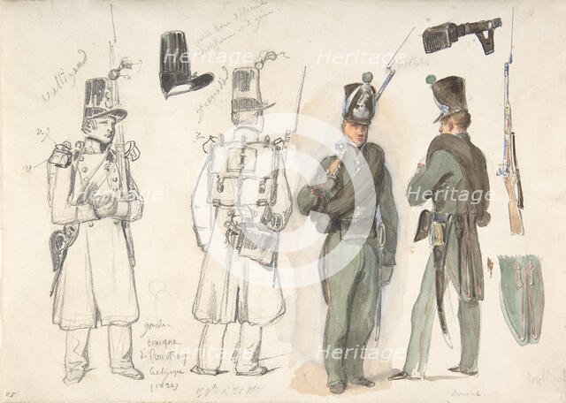 Uniforms of the civil guard in Courtray, Belgium, 1832. Creator: Auguste Raffet.