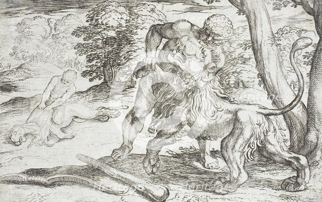 Hercules and the Nemean Lion, 1608. Creators: Antonio Tempesta, Nicolaus van Aelst.
