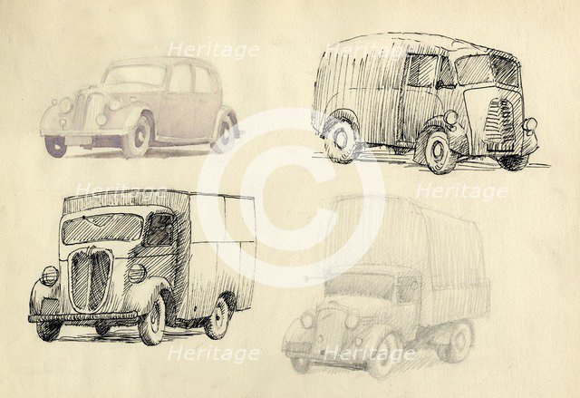 Car and lorries, 1951. Creator: Shirley Markham.