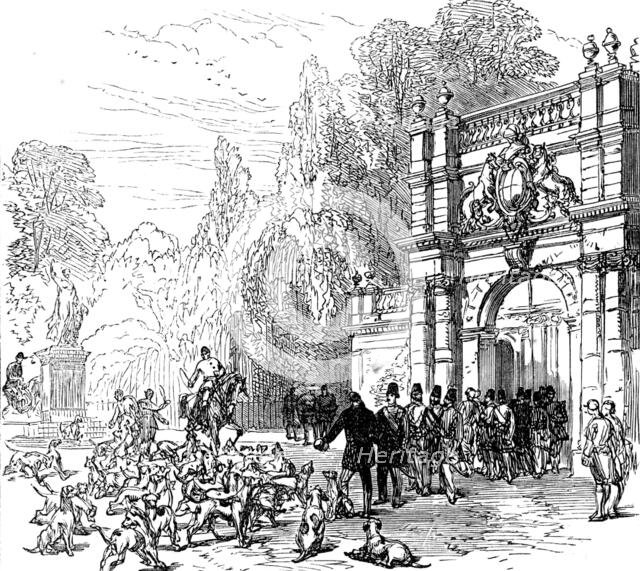 At Trentham: inspecting a pack of English foxhounds, 1873. Creator: Unknown.