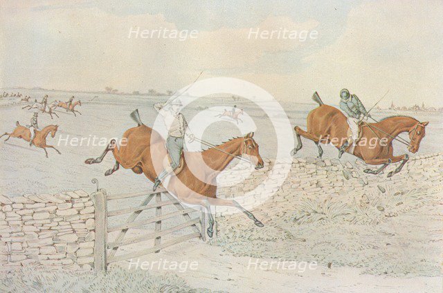 A Steeplechase: A slap at a stone enclosure. 5 to 4 on white, 1827. Artist: Henry Thomas Alken