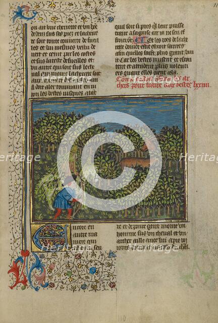 A Camouflaged Horseman and an Archer Approaching a Deer; Livre de la Chasse, about 1430-1440. Creator: Unknown.
