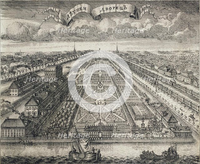 View of the Summer Gardens from the Neva River, 1717. Artist: Zubov, Alexei Fyodorovich (1682-after 1750)