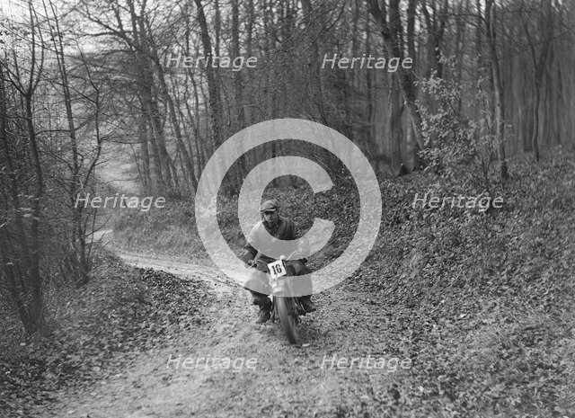 Motorcycle competing in the Inter-Varsity Trial, November 1931. Artist: Bill Brunell.